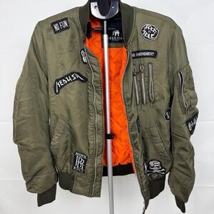 American Stitch Army Green Patchwork Bomber Jacket Rock N Roll Patches Size L